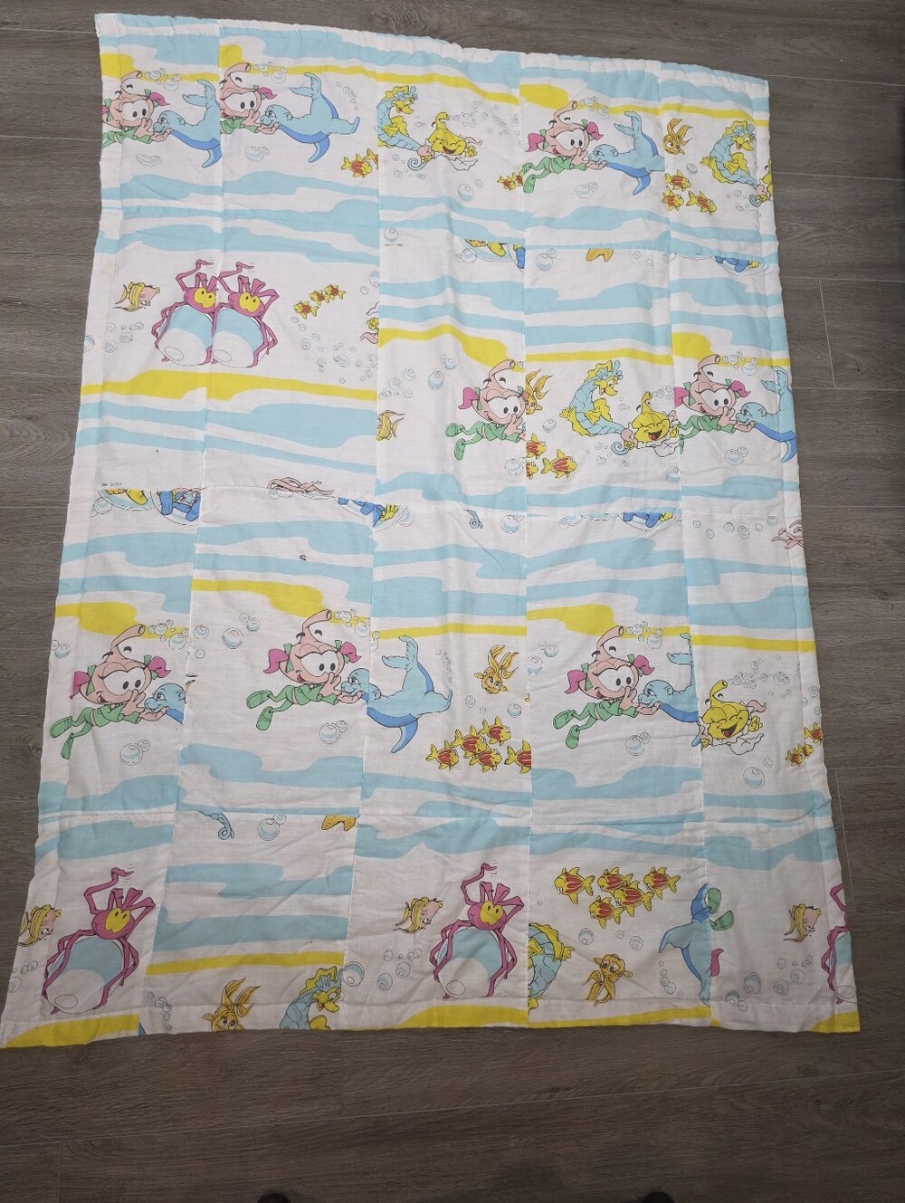 Vintage Handmade Baby Quilt The Snorks Cartoon Character 1980's